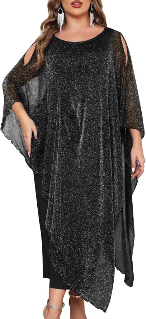CYCLAMEN Plus Size Sparkly Formal Dress Maxi Long Cape Overlay Wedding Guest Cocktail Mother of Bride Outfit Evening Gown
