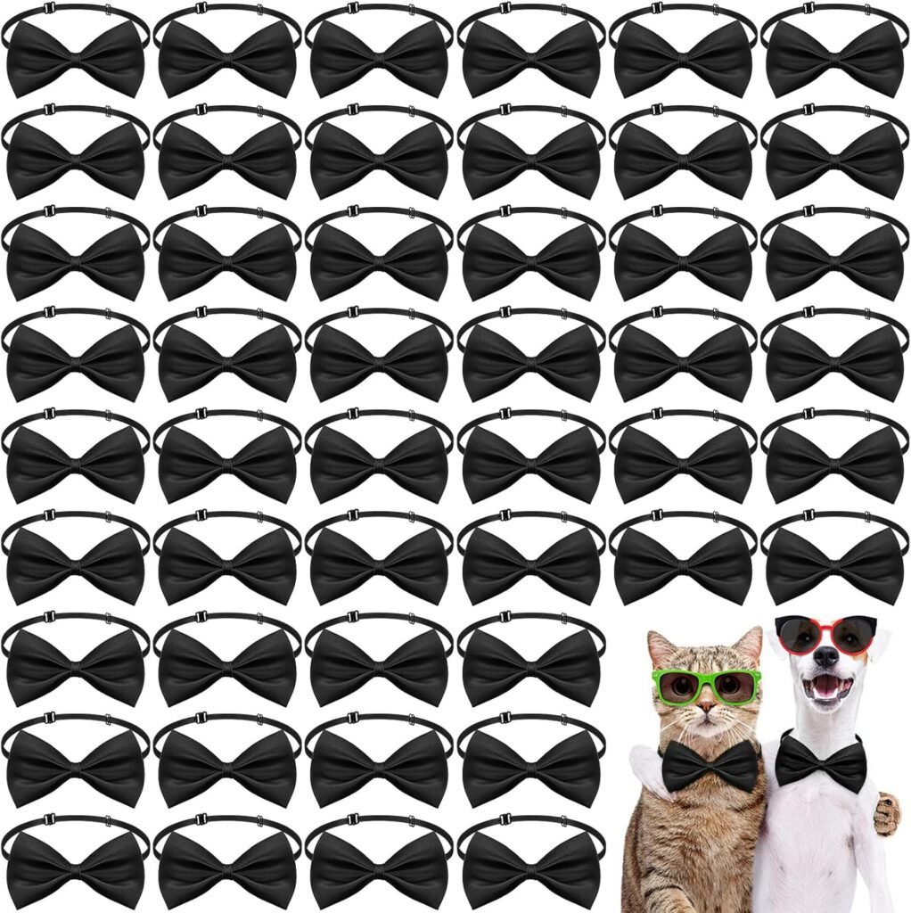 200 Pieces Bulk Dog Bow Ties with Adjustable Collar Puppy Cat Dog Neck Tie Pet Grooming Accessories for Little Medium Girl Boy Holiday Festival Wedding Birthday Gift Party (Black)