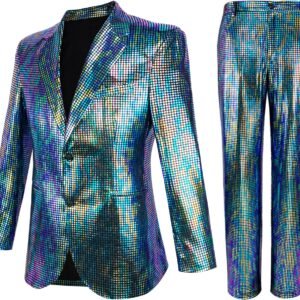 Nawgut Sequin Blazer Metallic Slim Suit 2 Piece Set Disco Prom Shiny Outfit Wedding Party Banquet Fashion Jacket Pant