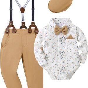 DISAUR Baby Boy Clothes Suits 4PCS Gentleman Outfit Dress Romper Beret Hat Suspender Pants Bow Tie Wedding Set