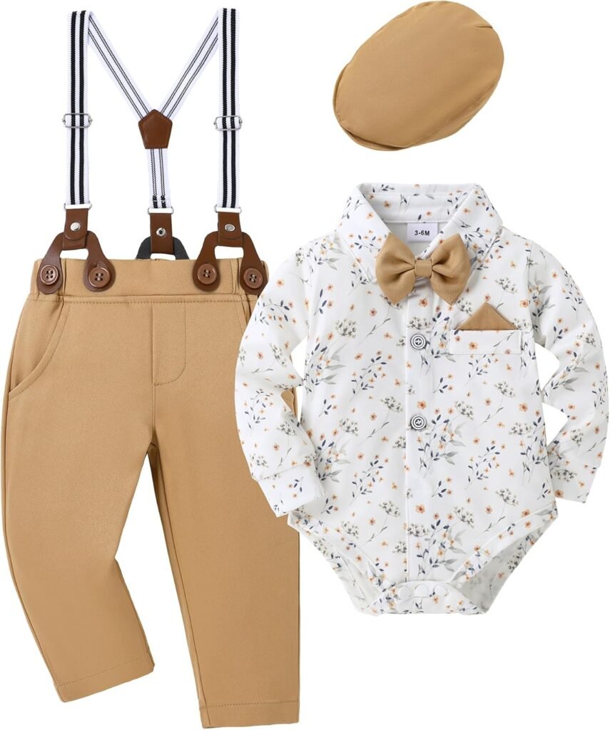 DISAUR Baby Boy Clothes Suits 4PCS Gentleman Outfit Dress Romper Beret Hat Suspender Pants Bow Tie Wedding Set