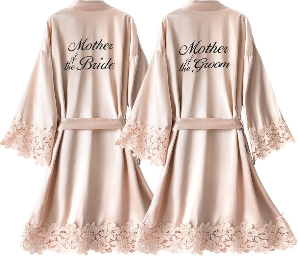 Crystal Dew 2 Pcs Mother of the Bride Groom Robe with Lace Trim Embroidery Bridal Satin Kimono Robes for Wedding Day