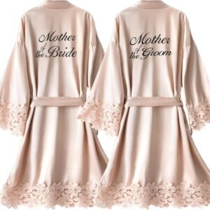 Crystal Dew 2 Pcs Mother of the Bride Groom Robe with Lace Trim Embroidery Bridal Satin Kimono Robes for Wedding Day