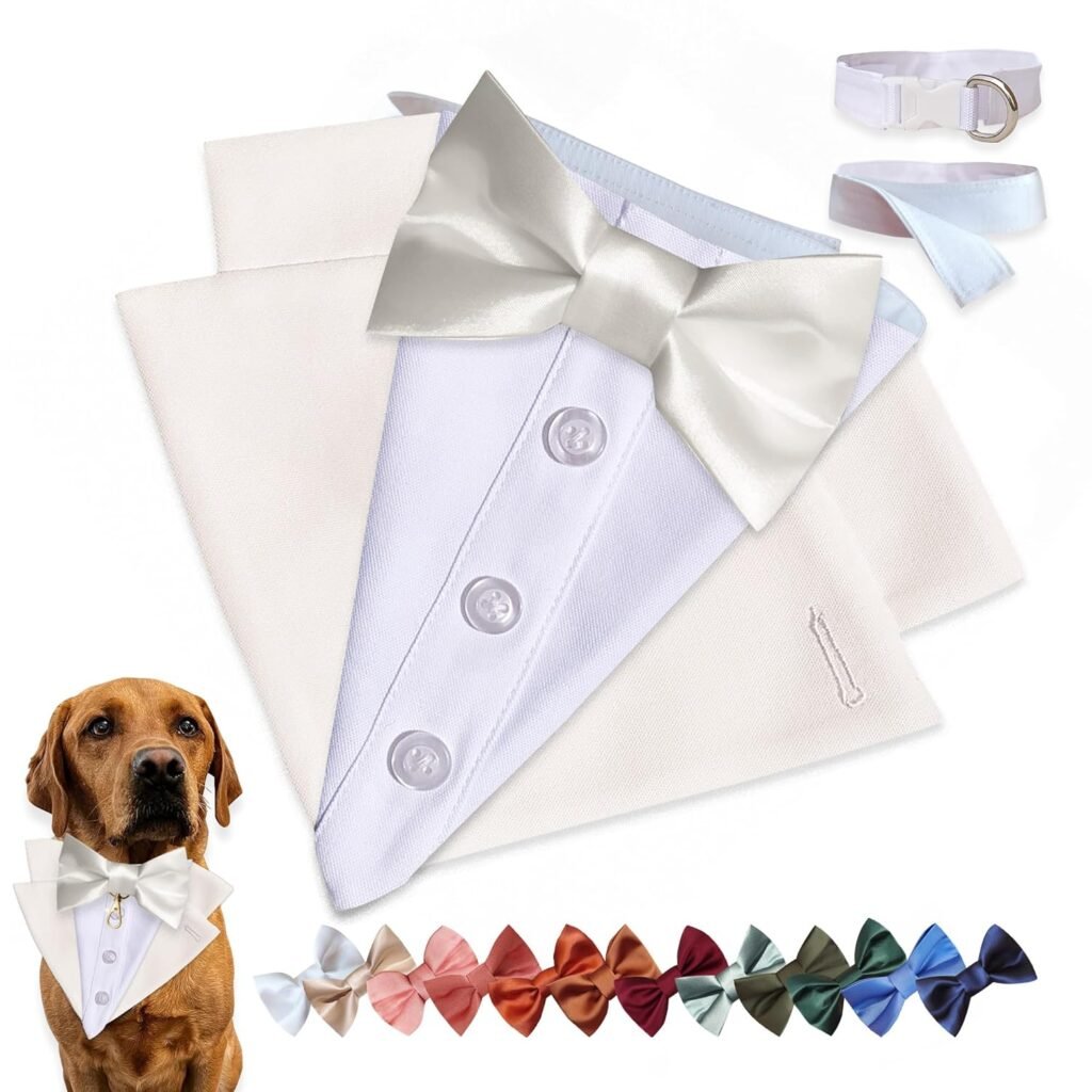 Custom-Fit Dog Tuxedo with Bow Tie & Lapel Uncut Cham Eyelet | Keyhole Fishtail Buttonhole Design | Optional Ring Bearer Clasp | Perfect Outfit for Wedding & Birthday by ACORD EU (Ivory)